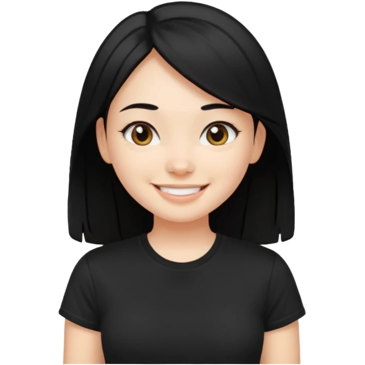 a pretty bratz fair girl with straight black hair, wearing a black tshirt, smiling emoji