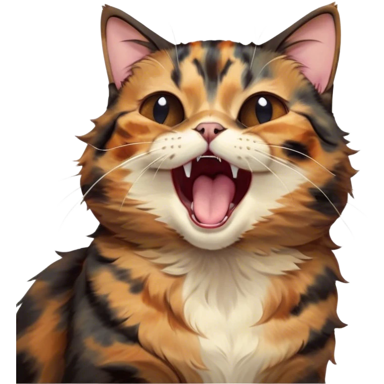 Cinematic Cute Yawning Tortoiseshell Cat Portrait Emoji, Head slightly tilted with a wide, adorable yawn and half-closed, dreamy eyes, featuring a warm, mottled fur of rich browns and blacks, simplified yet irresistibly cute, highly detailed, glowing with a soft, slumbering radiance, high shine, exuding a relaxed, drowsy charm, styled with a gentle, soft glowing outline, capturing the essence of a tortoiseshell cat in a precious moment of sleepy delight! emoji