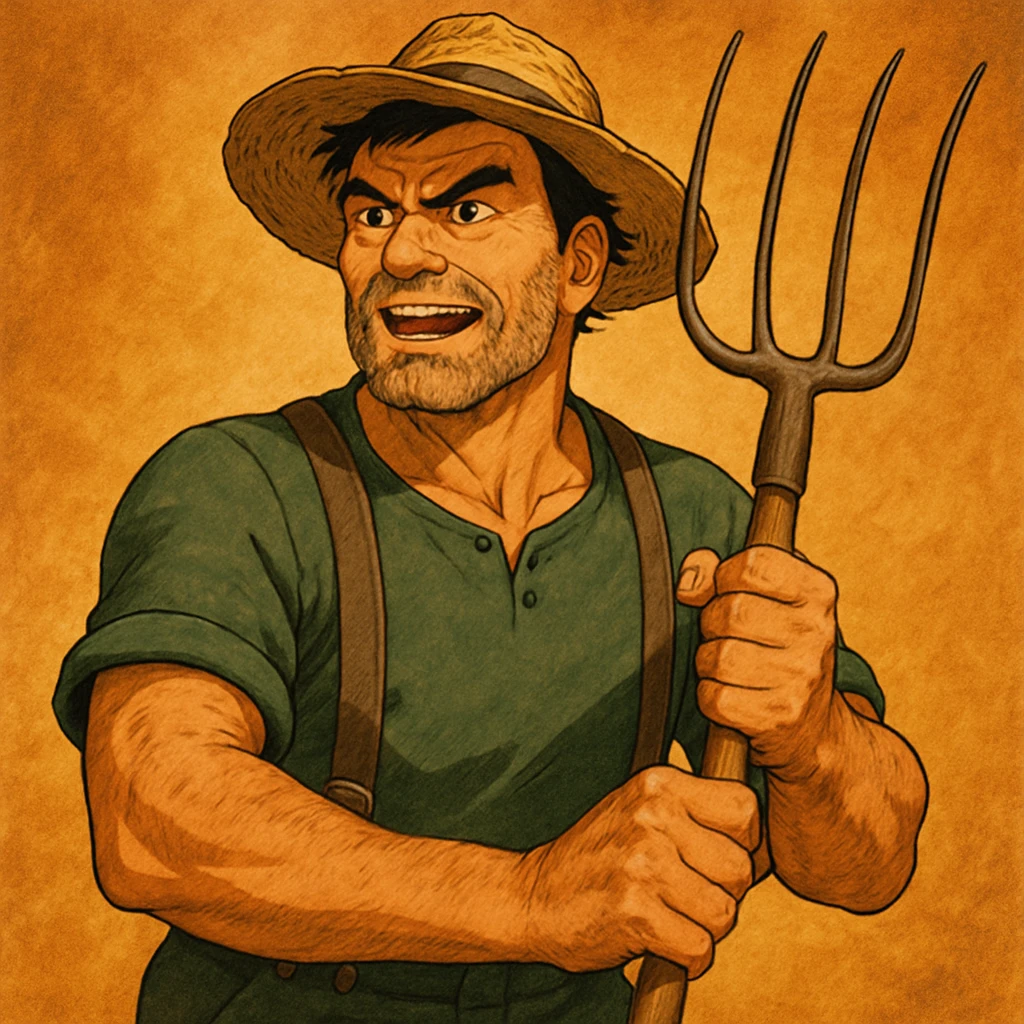 highly detailed illustration of a robust middle-aged farmer with sun-bleached face, black hair, strong jaw, furrowed brow, three-day beard, green trousers with suspenders, green T-shirt, straw hat, clutching rustic pitchfork, determined and excited, warm golden-brown textured background, bold lines, vibrant earth tones, dramatic lighting, rural America emoji