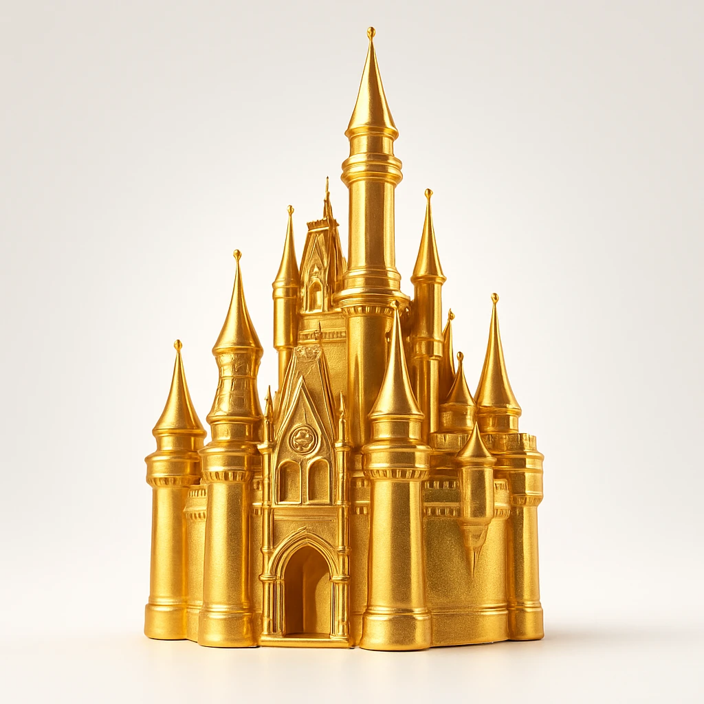 golden Disney castle, elegant, shimmering, iconic silhouette, gold color, no text emoji