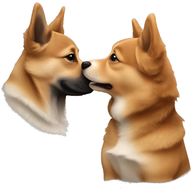 A Swedish Vallhund kiss a chestnut-haired man with curly hair emoji