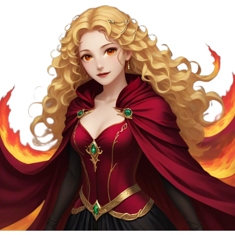 A breathtakingly beautiful female Fae with golden, wavy hair cascading down her back, her amber eyes sparkling with both warmth and untamed power. She wears a fitted black bodice paired with an opulent crimson cloak, the fabric swirling around her like liquid fire. Her lips are curved in a knowing smile, her posture both regal and effortlessly confident emoji