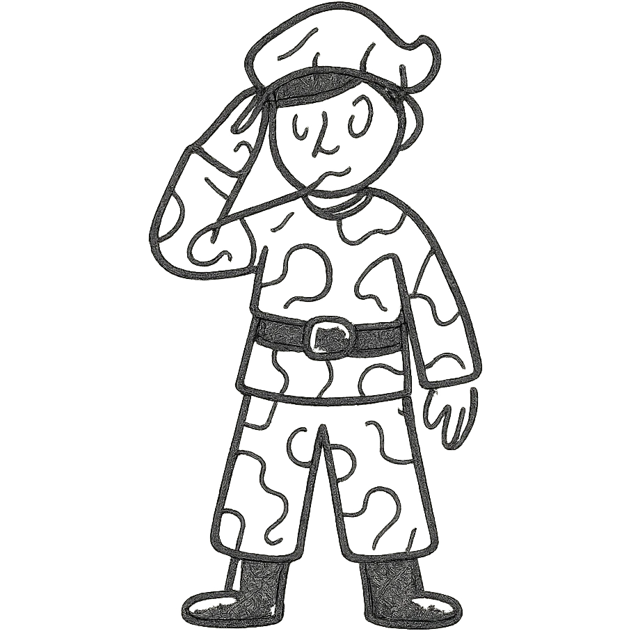 Remove the text from the chest, keep the little soldier doll with a camouflage uniform (cream, brown, beige), saluting like a military figure, in a hand-drawn style. emoji