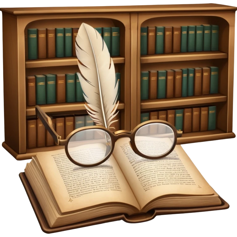 An icon featuring an open book with classic text, a feather quill, and reading glasses, symbolizing literary studies. The design includes old library shelves and vintage manuscripts in the background. Transparent background emphasizes the deep analysis of written works and literary history. emoji