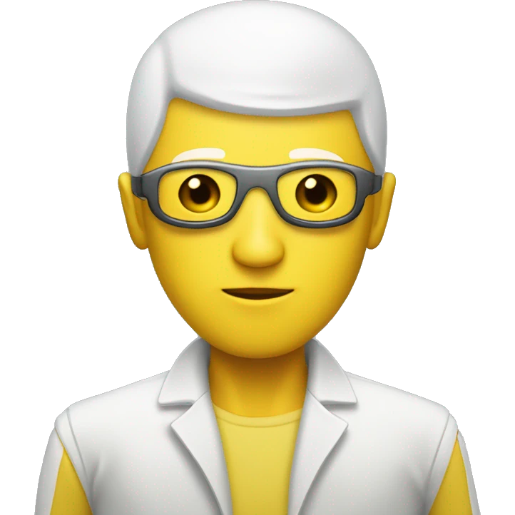 Podologist male, bald, white-skinned, masked, wearing a robotic yellow suit emoji