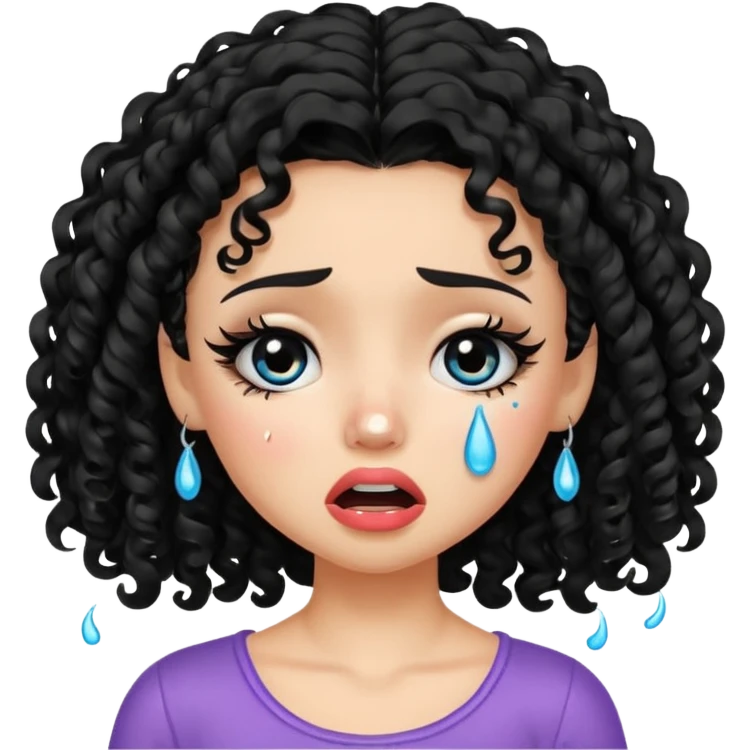 a pretty fair bratz girl with black curly hair, crying emoji