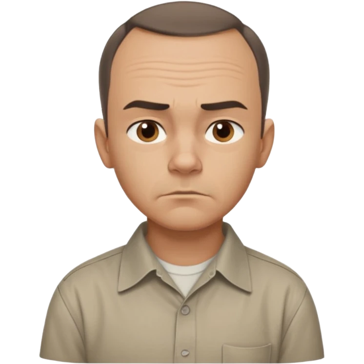 Carl from Sling Blade, serious expression, recognizable features, chin sticking out, slouching posture, no glasses, shirt with collar,  side view,show his entire body, he is standing. three-quarter face angle. He sticks his head forward. face should be more realistic emoji