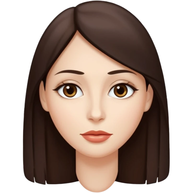 Chica Güera de piel con pelo castaño oscuro liso y largo. Cara delgada, ojos rasgados y marrones oscuros y labios carnosos. Maquillada. Delgada . Top blanco.  emoji