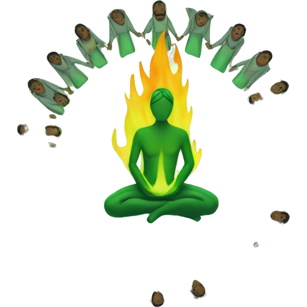ritual with people kneeling in a circle with green flame in the middle  emoji
