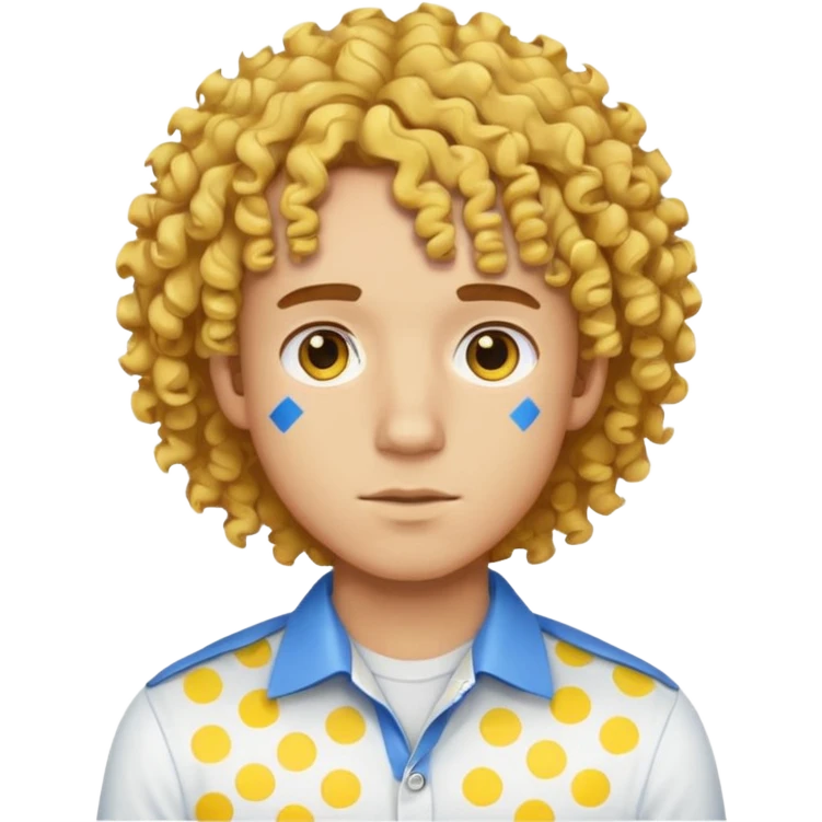 Make me an emoji that has a guy with a white shirt and yellow tape around the shirt with brown and blue spots hair make the hair curly make the yellow tape go around it emoji