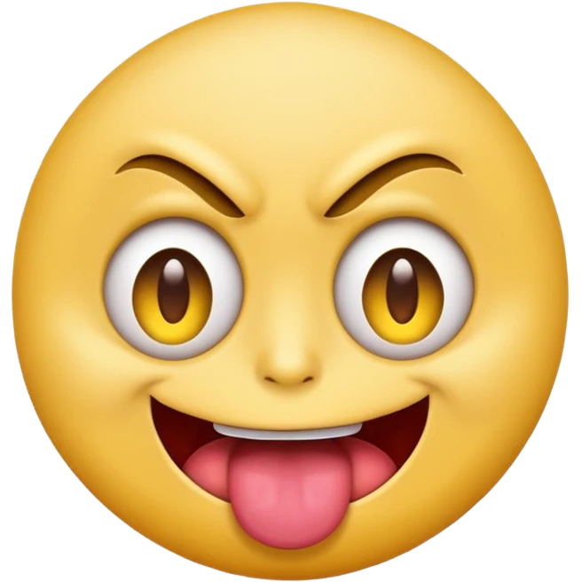 A yellow round face emoji smirking with its tounge out but the eyes are evil and kind of crazy and one eyebrow is raised in a suggestive way emoji
