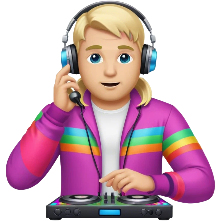 blond big man in colorful dj outfit calling emoji