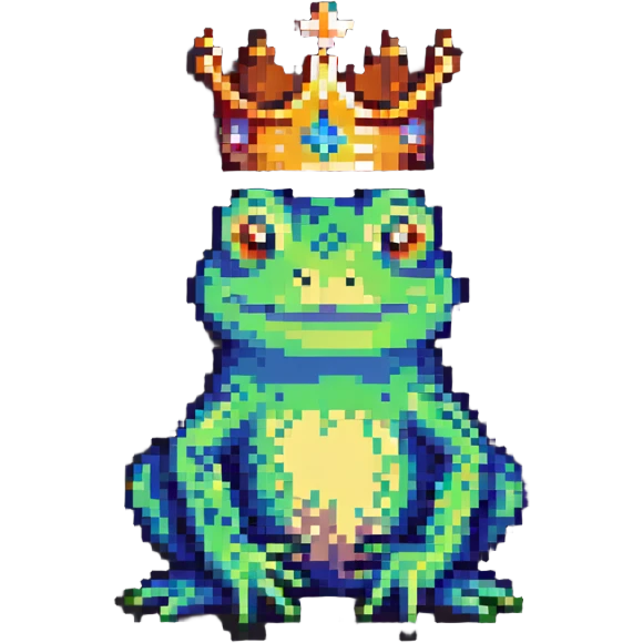 pixel art crowned frog sitting bright colors emoji