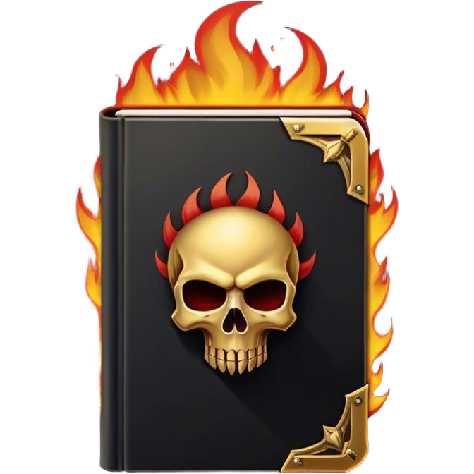 Un libro negro mate con detalles en dorado profundo o rojo oscuro, irradiando una sombra poderosa, con un símbolo de escudo o calavera, y una ligera aura de fuego o humo, reflejando el poder de vivir sin miedo.  emoji