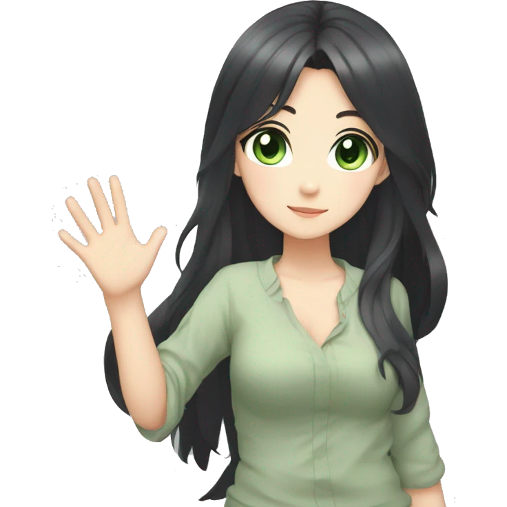 Anime-style girl with black hair down to her belly , gray-green eyes , waving her hand emoji