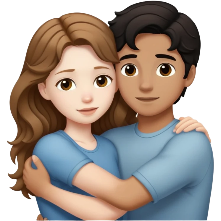 girl with long light brown hair and pale skin hugging a boy with short black wavy hair and tanned skin emoji