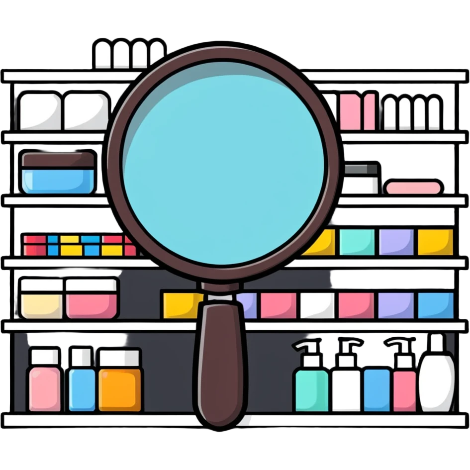 front view magnifying glass over empty beauty product shelf searching emoji