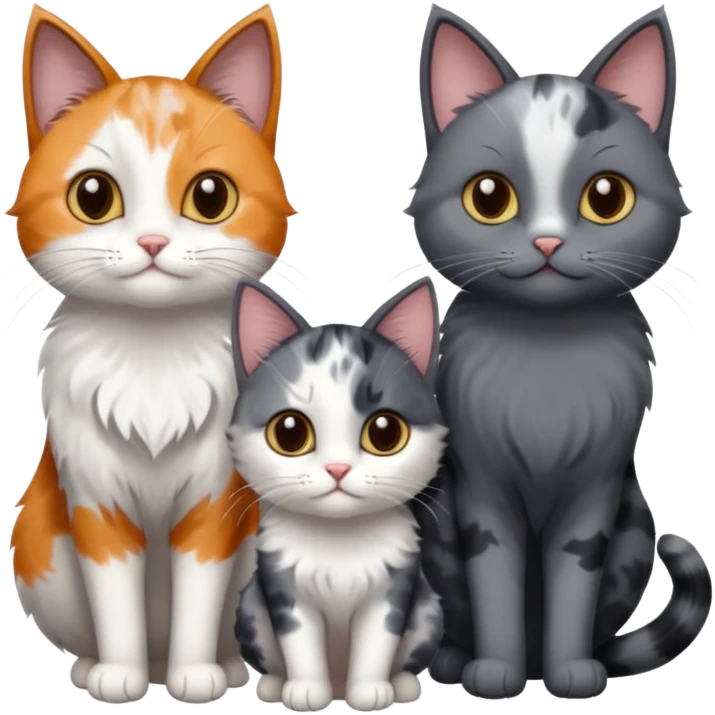 3 different coloured small cats including a dark grey and white, and a patchy calico and a completely solid dark grey with only white paws emoji