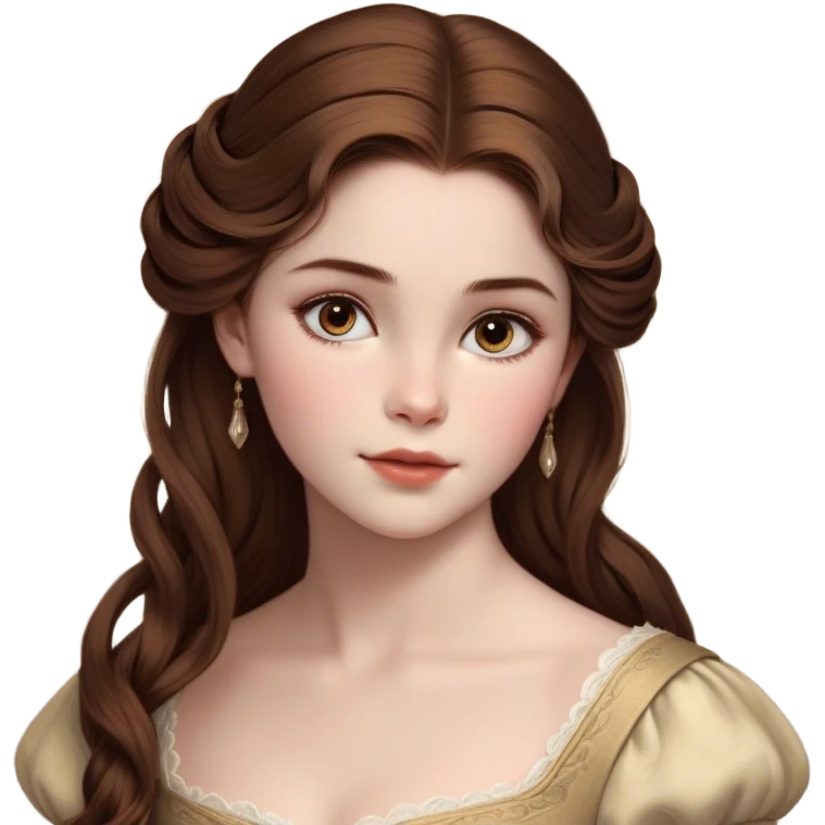 Cinematic Realistic Belle Portrait, depicted with lifelike skin texture, soft natural lighting, and intricately detailed brown hair styled elegantly. Her deep, expressive eyes exude warmth and intelligence, complemented by a serene and graceful expression. She is dressed in her classic attire, with rich fabric textures and delicate folds that catch the light beautifully. The portrait features a soft, enchanting glow with a natural, radiant finish, capturing the essence of timeless beauty in a realistic and painterly style, evoking a sense of depth and authenticity. emoji