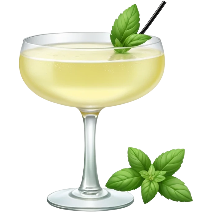 French 75 cocktail with subtle elderflower color and mint and basil garnishes emoji