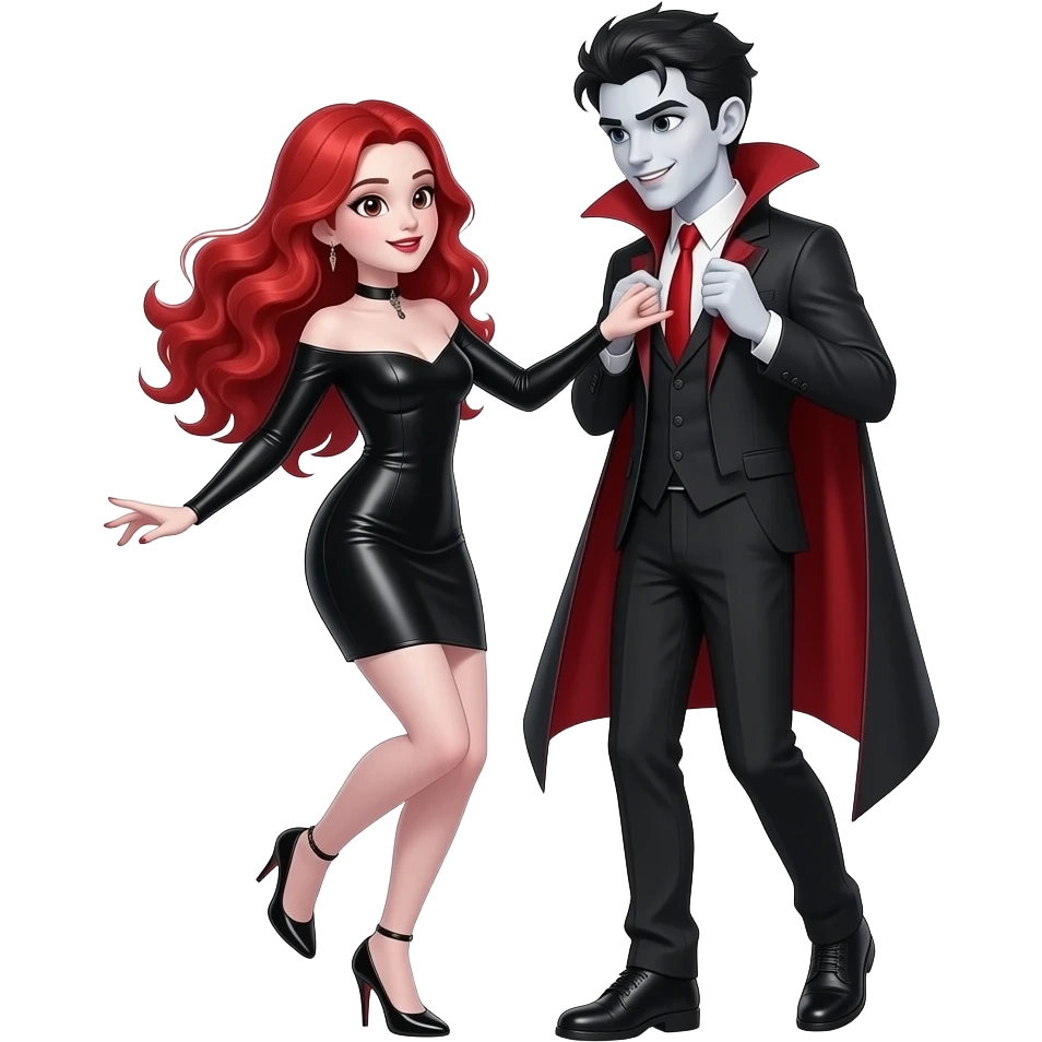 Vampiro femmina ADOLESCENTE con pelle bianca e capelli rosso ondulati lunghi che indossa un vestito nero stretto e LUNGO sotto e le maniche lunghe che balla con le MANI INTORNO AL COLLO del suo ragazzo VAMPIRO ADOLESCENTE con la pelle bianca e le scarpe nere emoji