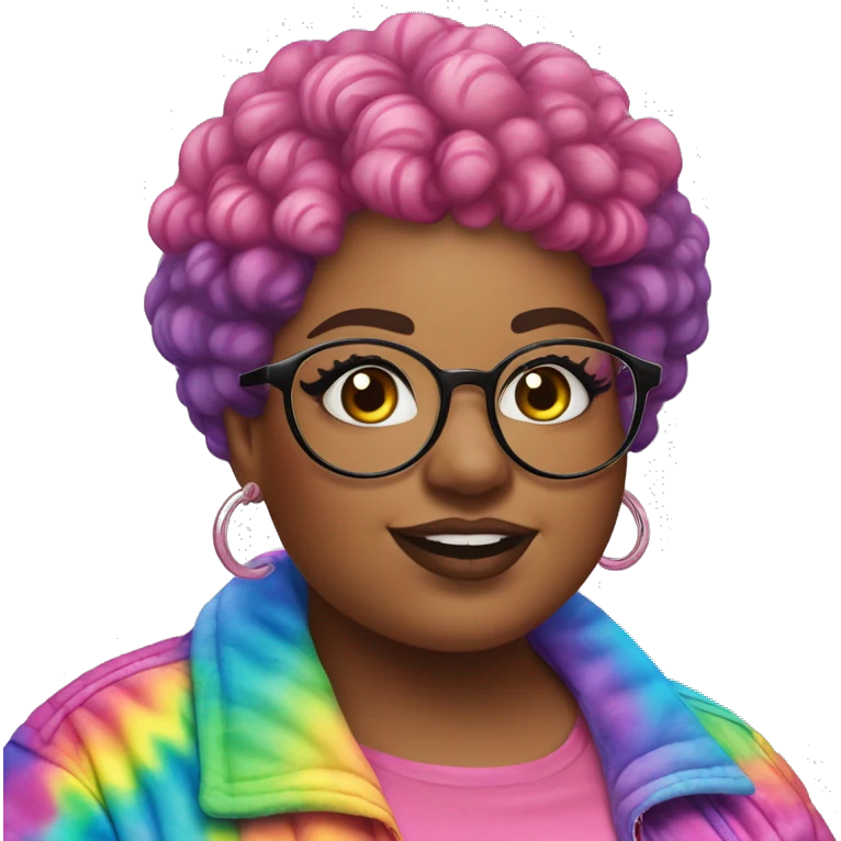Plus size black woman with chinky eyes, pink curly pixie cut hair and a rainbow tie dye bubble jacket  emoji