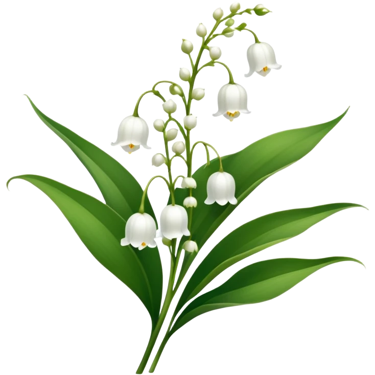 Botanically accurate lily of the valley with large oval basal leaves pointing upward, and a central stem with small white bell-shaped flowers hanging to one side emoji