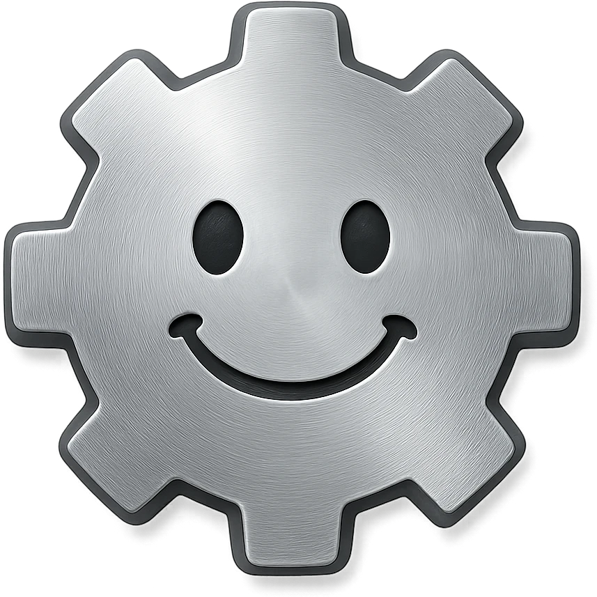 a metallic cog with a smiling face, simple design emoji