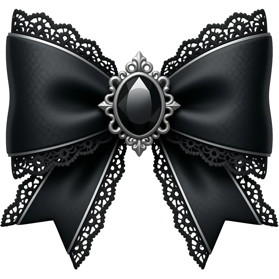 3D emoji gothic bow, black velvet, silver filigree, black lace trim, black gem, elegant metal frame on the gem emoji