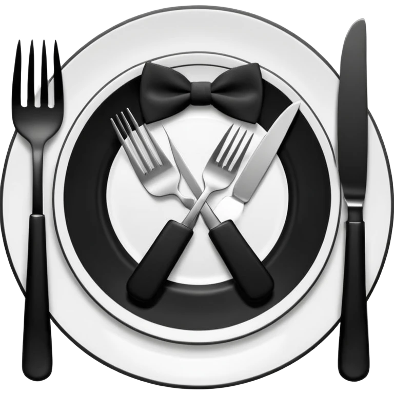 Minimalistic flat vector icon, iOS style, thin black contour on white background. Fork and knife crossed on a plate with a small bow tie above. Clean, no text, no shadows emoji