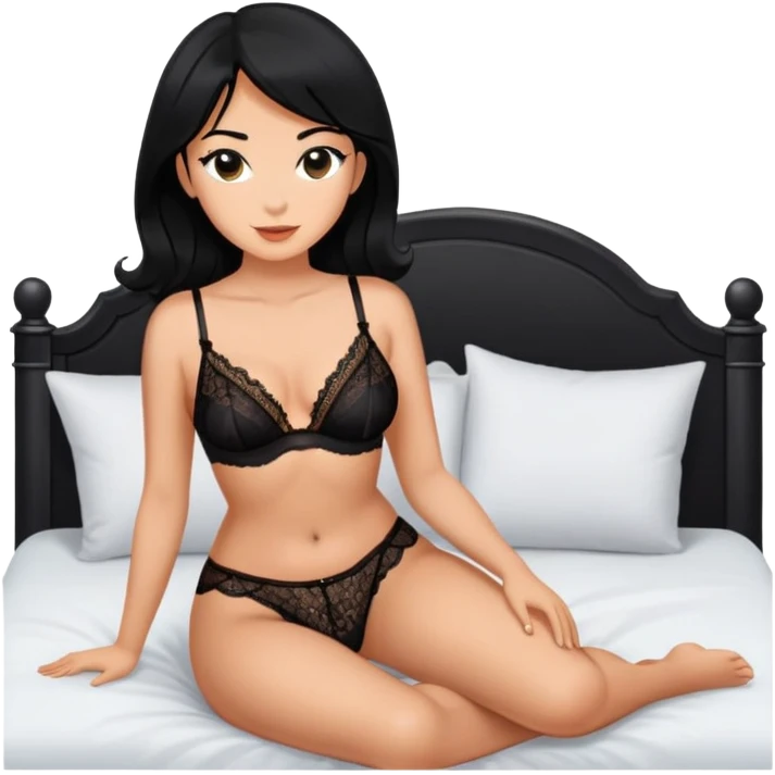 SFW Intimate pose, adult woman, black hair tanned, lingerie covered breasts showing areola SFW, sitting up in bed emoji