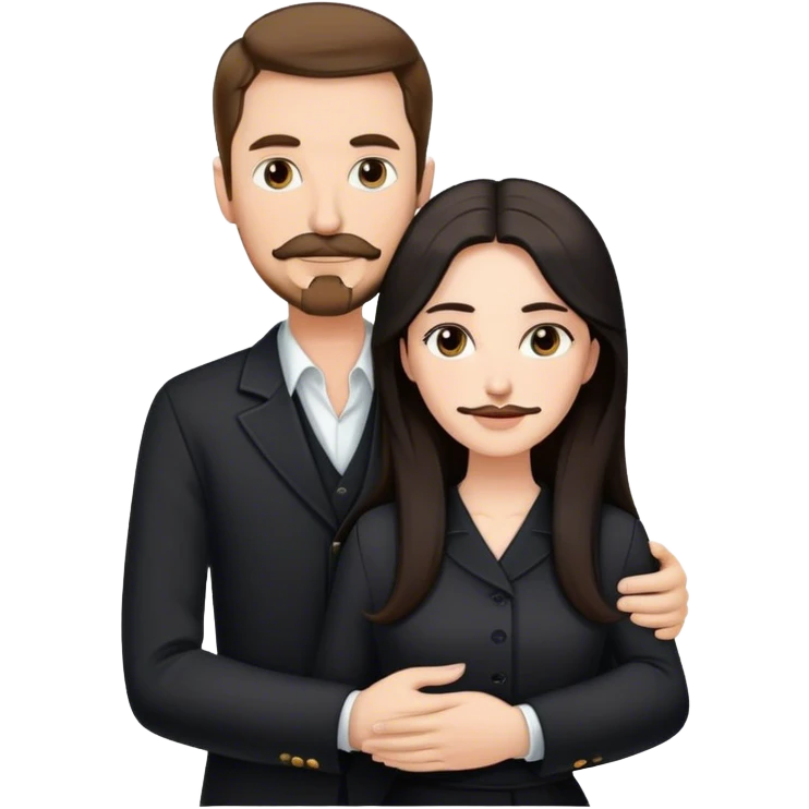 tall white man with brown hair goatee mustache hugging a pale woman with long black hair, wearing elegant clothing emoji