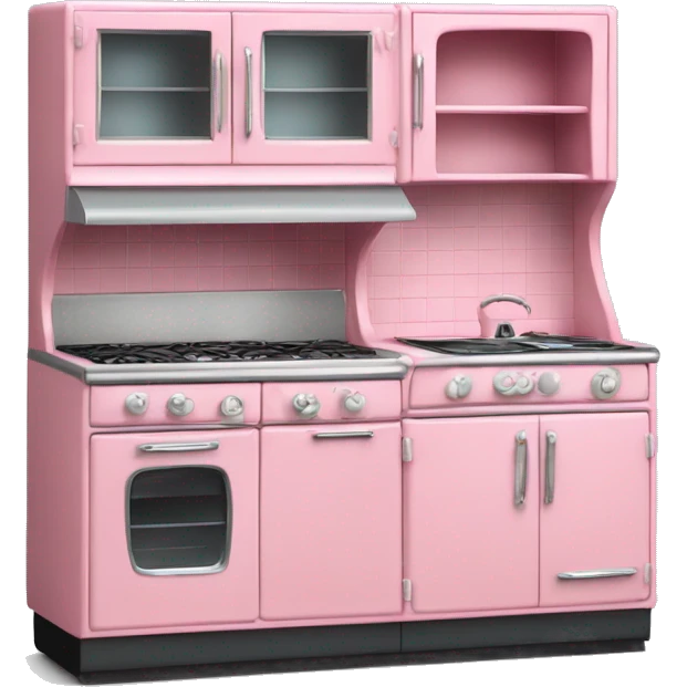 Isolated full length Realistic bubblegum vintage retro kitchen range with cabinets and counters. emoji