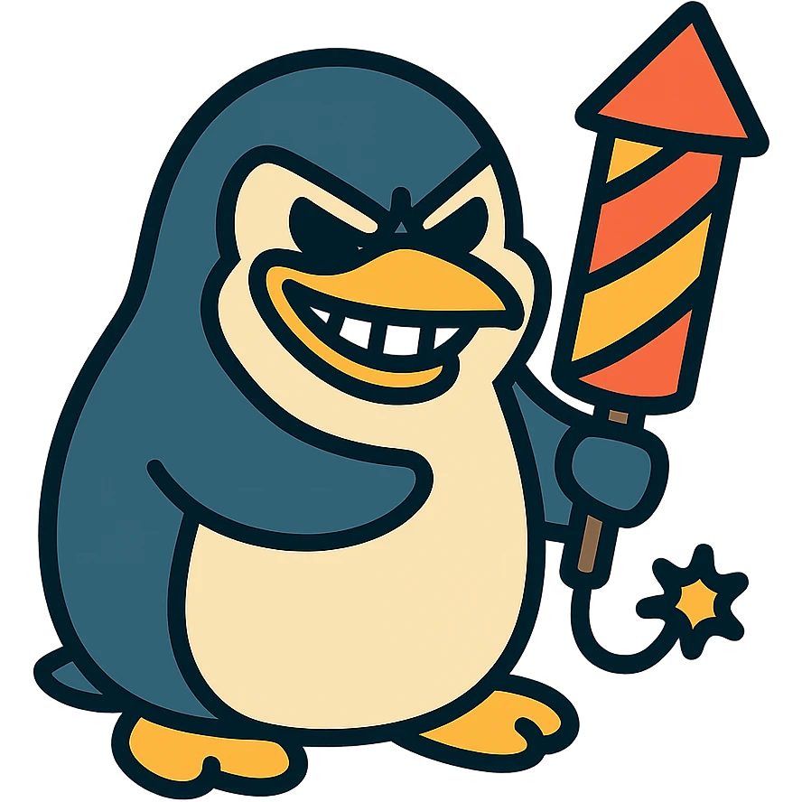 penguin holding a firework, grinning menacingly emoji