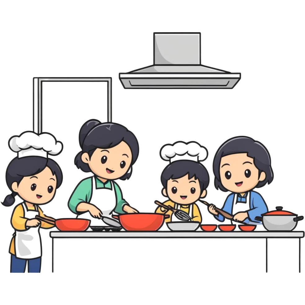 East Asian family with black hair cooking together in the kitchen emoji