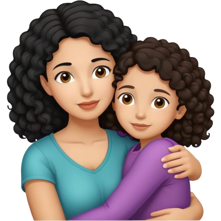 Hispanic mother with curly black hair and daughter with straight brown hair hugging emoji