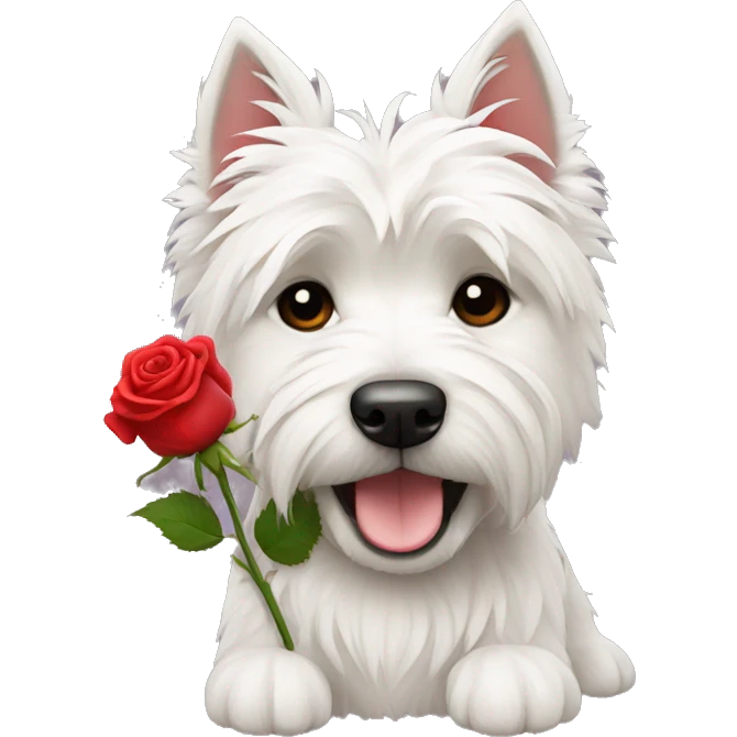 West highland terrier with a red rose in its heaf emoji