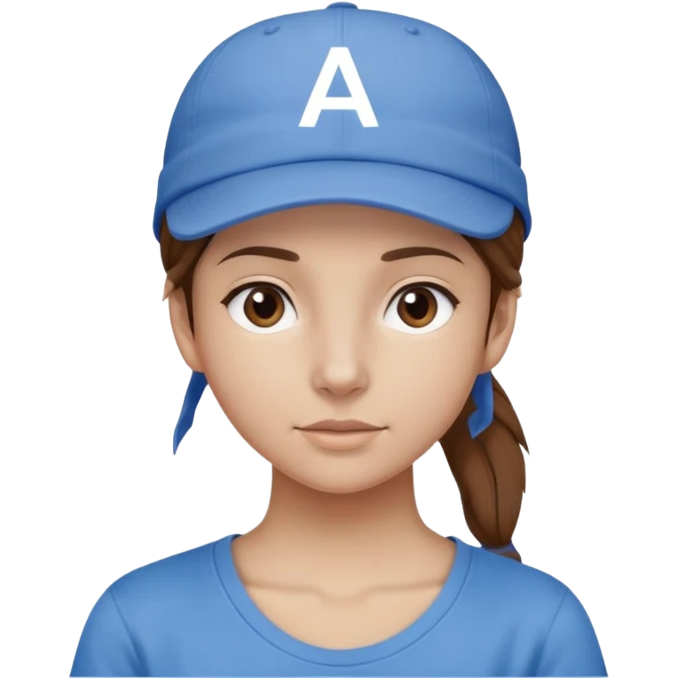 fille les cheveux chatain attachés avec une casquette bleu et un "AE" blanc dessus, elle porte un t-shirt de couleur gris  emoji