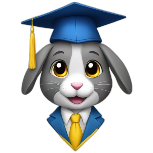 A rabbit student in a suit in the color of the Ukrainian flag in a square academic cap emoji
