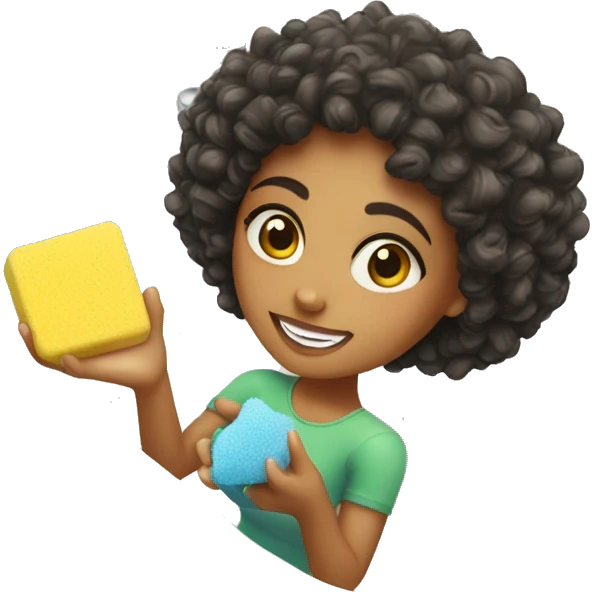 Mixed girl with curly hair holding sponge over sink emoji
