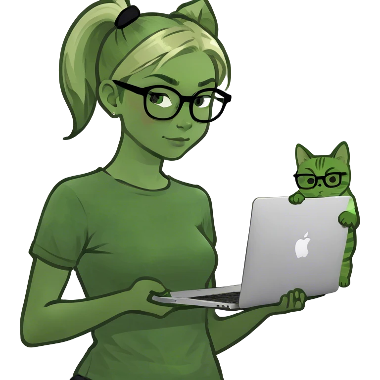 Blonde girl ponytail green eyes with macBook and a cat emoji
