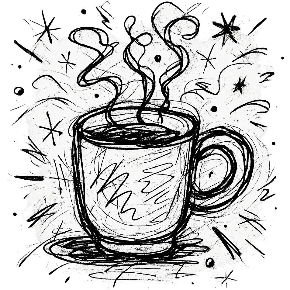 chaotic outlined icon of a coffee cup with erratic steam and scribbled lines emoji