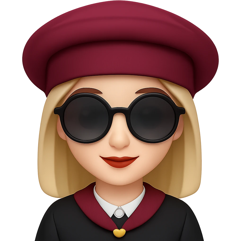Add stylish sunglasses to the girl with a burgundy hat in the style of emoji, keeping the emoji style look. emoji