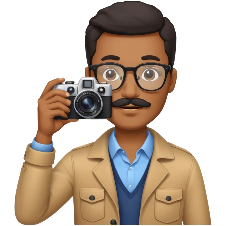 blackman, glasses, and black moustache with a fujifim camera, taking pictures emoji