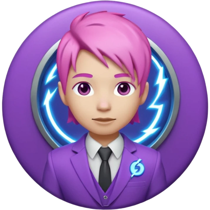 Cute 3D emoji-style character with pink hair and purple eyes, inside a circular badge. No hands, no pose. Clean purple suit with a glowing neon-blue ‘C’ logo on the chest, small lightning accent. Smooth Apple-style lighting, friendly expression emoji