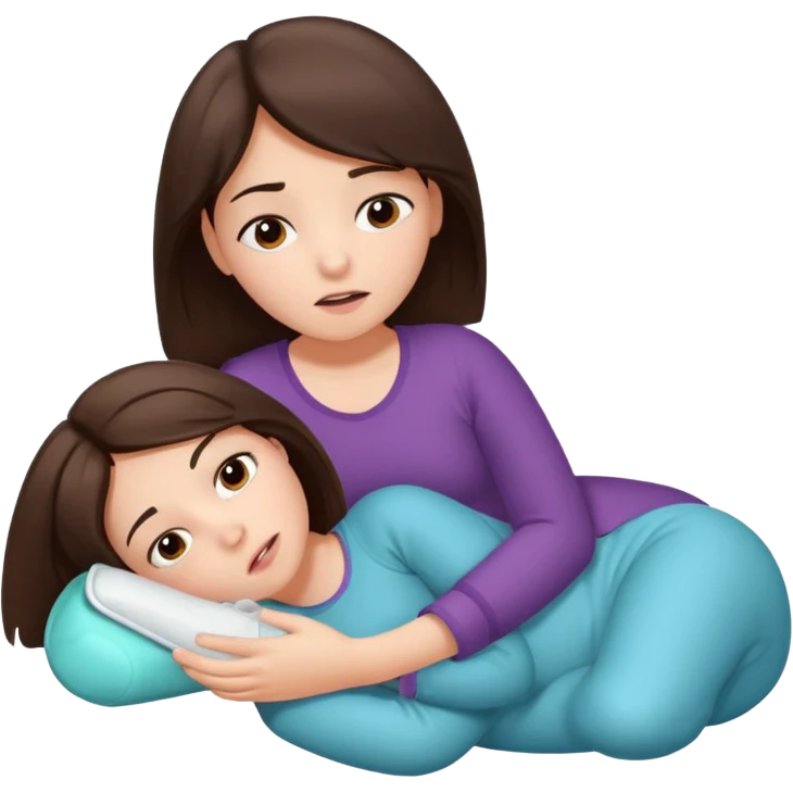 A brunette girl, with a pain face, lying on her side suffering from menstrual cramps, has a hot water bottle on her stomach. emoji