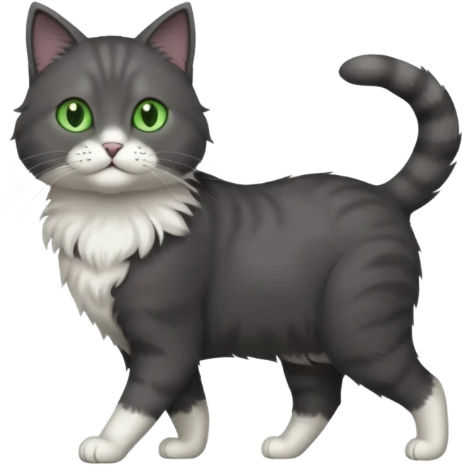 full body gorgeous solid dark grey cat with green eyes, white paws and white whiskers walking emoji