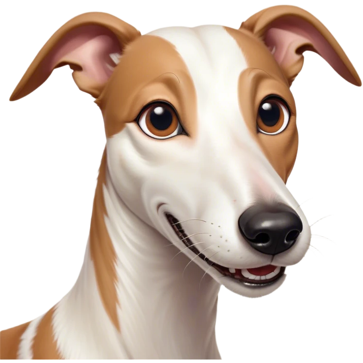 Cinematic Comical White and Brown Greyhound Portrait Emoji, Head tilted dramatically with an exaggeratedly amused expression, featuring a striking white Fur with dynamic brown accents, wide, expressive eyes filled with playful disbelief, Simplified yet hilariously expressive features, highly detailed, glowing with a slightly sassy glow, high shine, dramatic yet playful, stylized with an air of cheeky mischief, bright and endearing, soft glowing outline, capturing the essence of a spirited and over-the-top racer, so meme-worthy it feels like it could side-eye its way into internet fame instantly! emoji