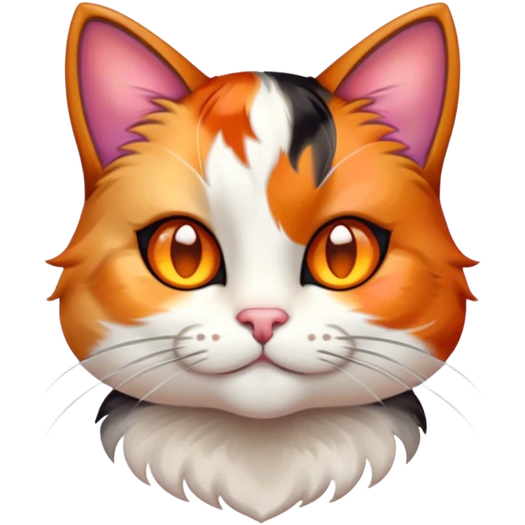 Cinematic Cute Calico Cat Portrait Emoji, Head tilted playfully with sparkling, inquisitive eyes and a charming patchwork fur of orange, black, and white, simplified yet irresistibly adorable, highly detailed, glowing with a warm, inviting glow, high shine, bubbly and affectionate, styled with a touch of whimsical feline charm, soft glowing outline, capturing the essence of a delightfully cute calico cat that looks as if it could prance off the screen into your heart! emoji