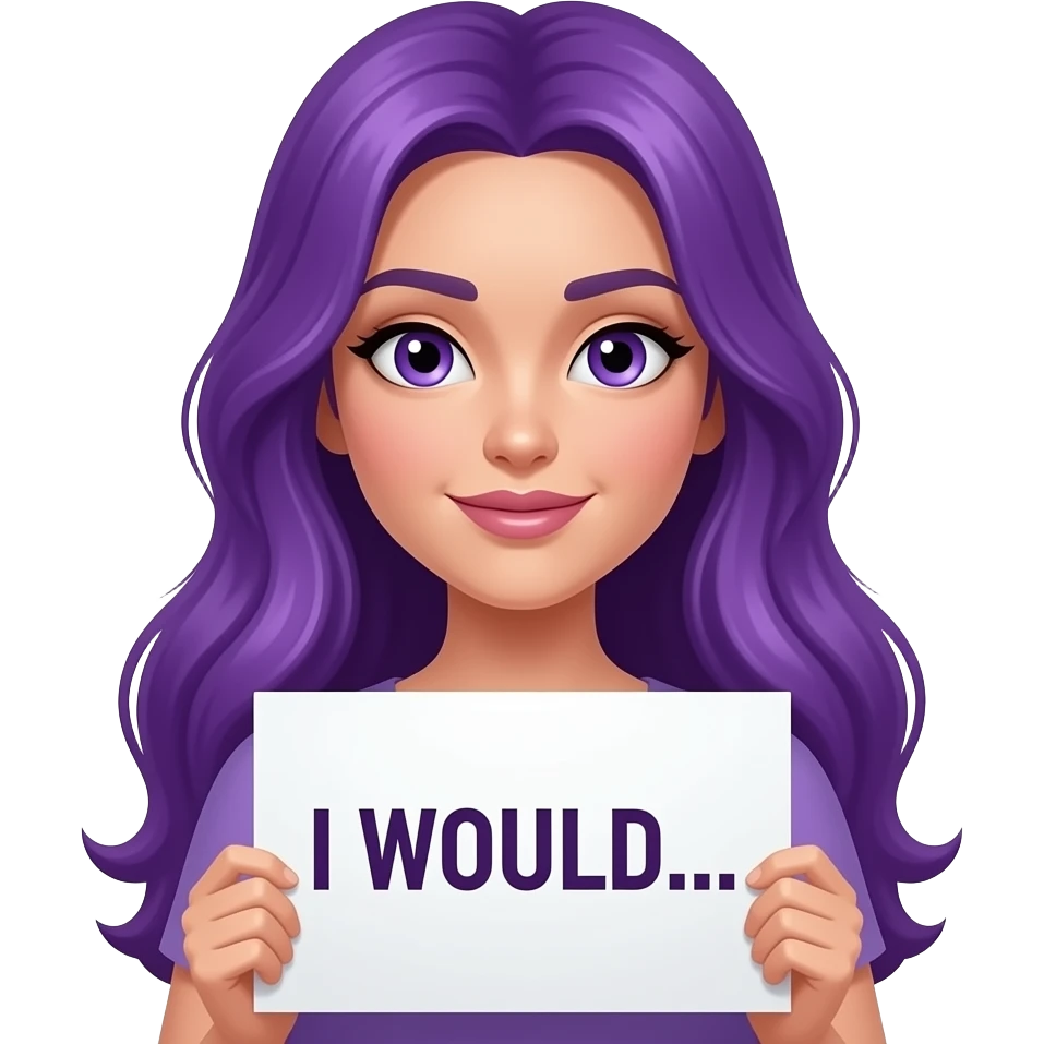 sexy girl with long purple hair and purple eyes holding a I WOULD... sign emoji